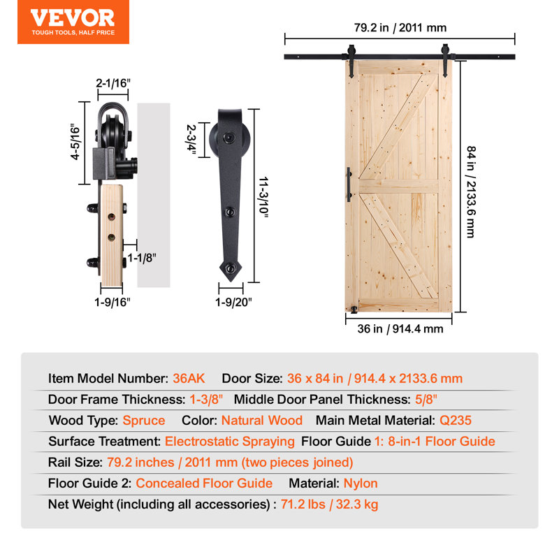 Ensemble de porte de grange coulissante en bois de 84 po de hauteur avec quincaillerie VEVOR H, 79,29 po