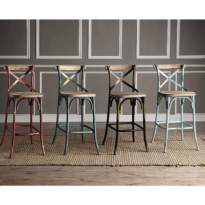 Vintage Antique Turquoise & Oak Bar Stool - High For , Stable Four-legged Base With Footrest, Warm Wooden Seat Dining And Comfortable , Solid Attractive Room