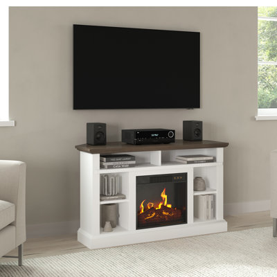 Corner TV Stand with Electric Fireplace Fits 55-Inch TVs - Console with Storage Cabinet, Remote, Adjustable Heat, and LED Flames (White) -  Red Barrel StudioÂ®, 46054D418EB0405A8FCF59A9080E28ED