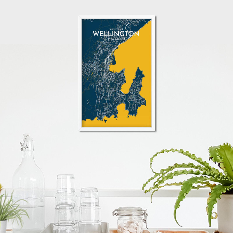 Wellington, carte de la ville, impression, Bleu / jaune, H 17 po x l 11 po