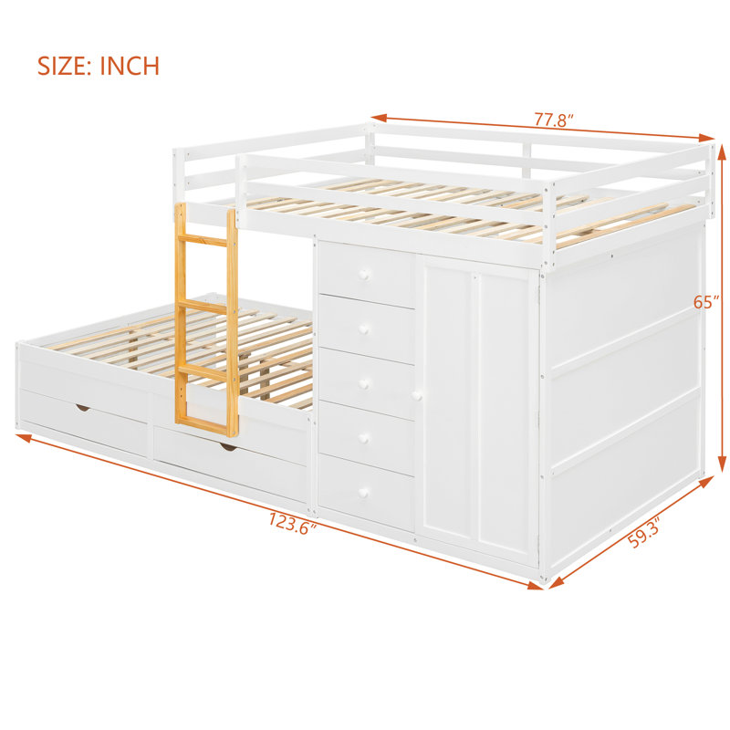 Full Size Bunk Bed with 2 Large & 5 Small Drawers, Small Wardrobe, Modern Storage Bunk Bed, MDF & Solid Wood, White, White