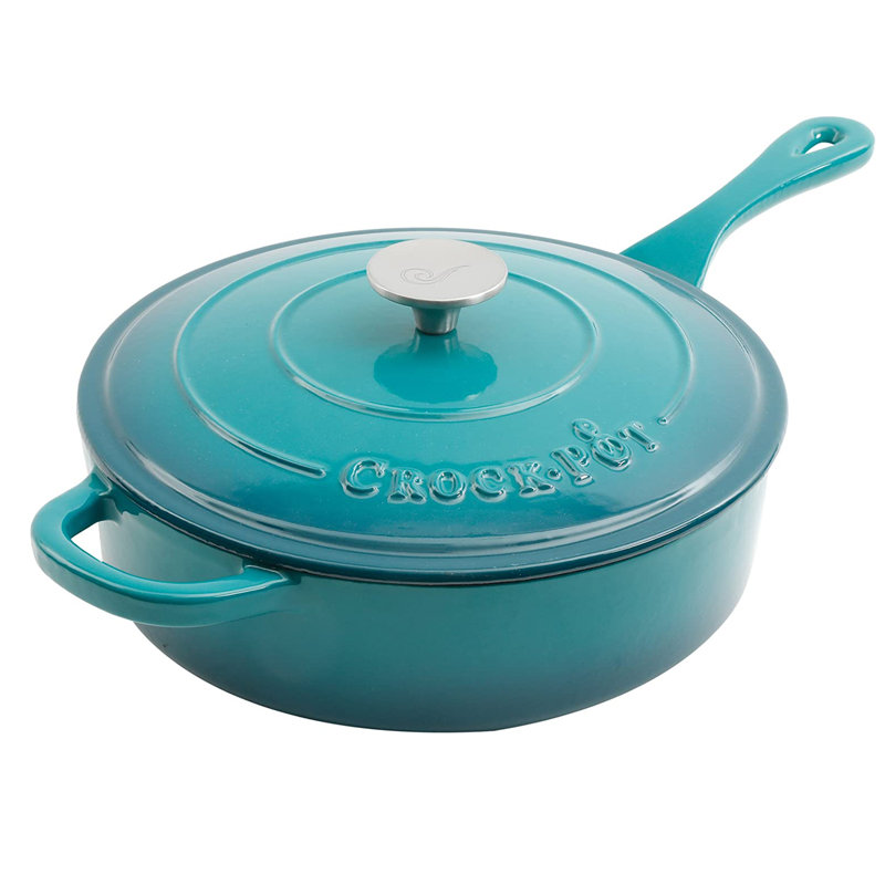 Crock-pot 3.5 qt Non Stick Cast Iron Saute Pan with Lid, Teal
