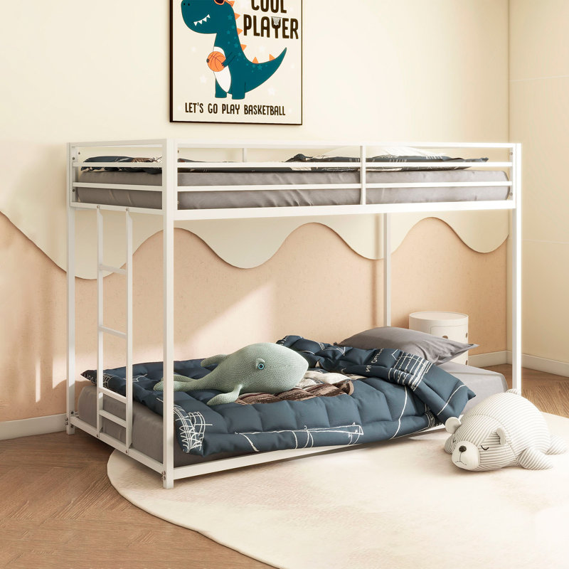 Lit superposé en métal robuste pour enfants et adultes - Profil bas avec échelle facile à monter, Simple sur simple, Blanc