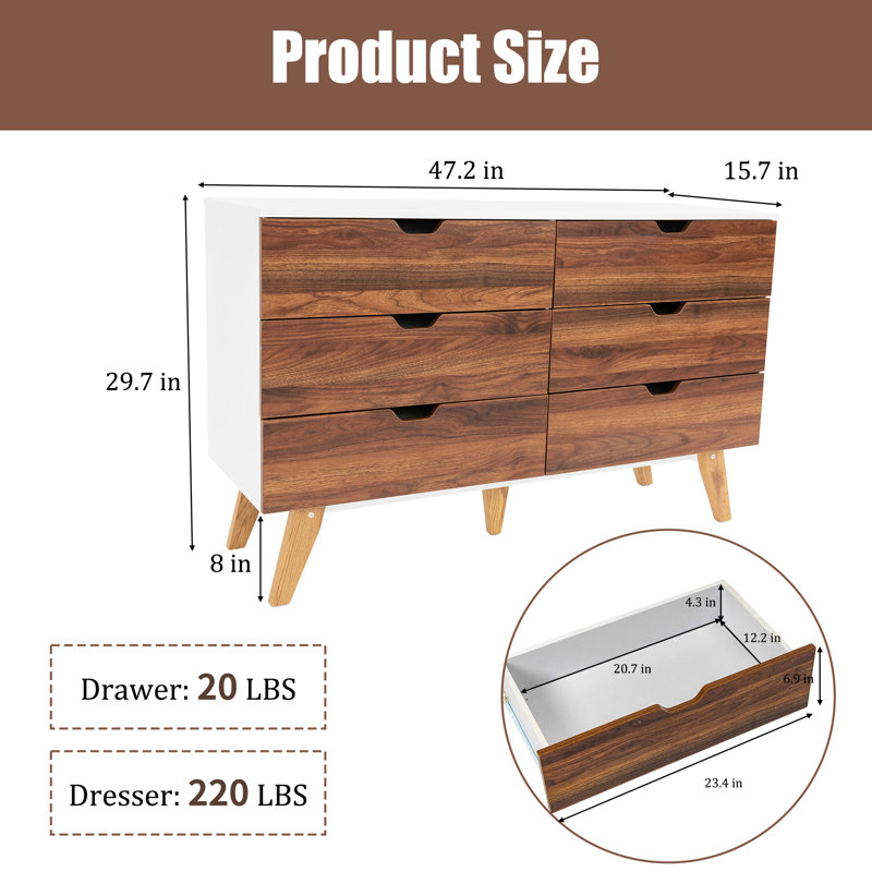 48 Inch 6 Drawer Bedroom Dresser, Modern Wood Double Dressers, Wooden Storage Cabinet For Living Room, Hallway, Entryway - Walnut