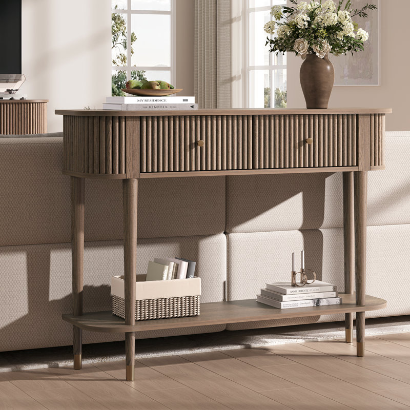 Table d'entrée de 43 po avec tiroirs, console cannelée avec tablette de rangement, table de canapé étroite pour le salon, couloir, vestibule, noyer