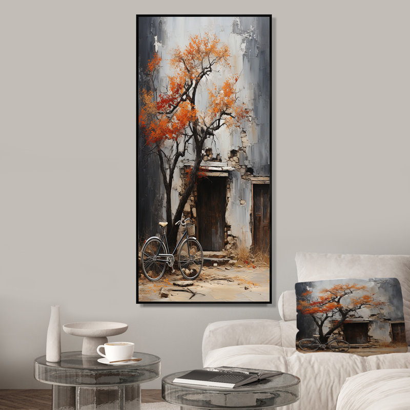 " Orange And Grey Midnight Bicycle ", Black Floater Framed, 60" H x 28" W x 1.5" D