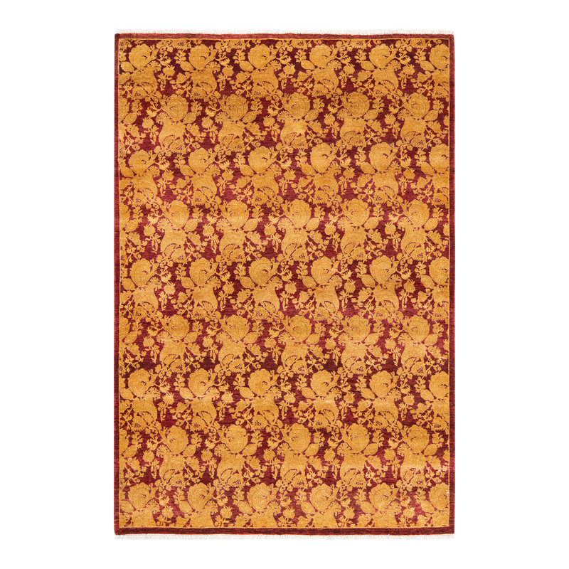 Tapis rouge / brun / beige noué à la main de conception unique 4 pi 8 po x 6 pi 10 po Virlee