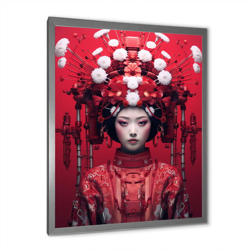 Geisha japonaise futuriste, Cadre photo argenté, H 32 po x l 16 po x P 1 po