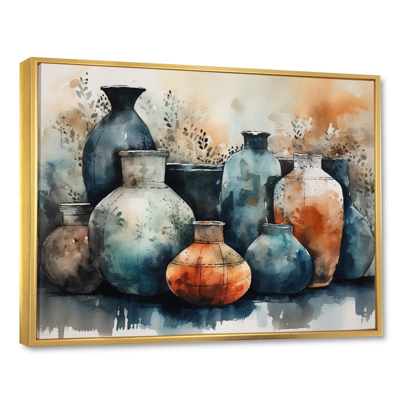 Art mural bleu et orange Kamani - art mural Boho Pottery II, H 16 po x l 32 po x P 1 po, Cadre flottant doré