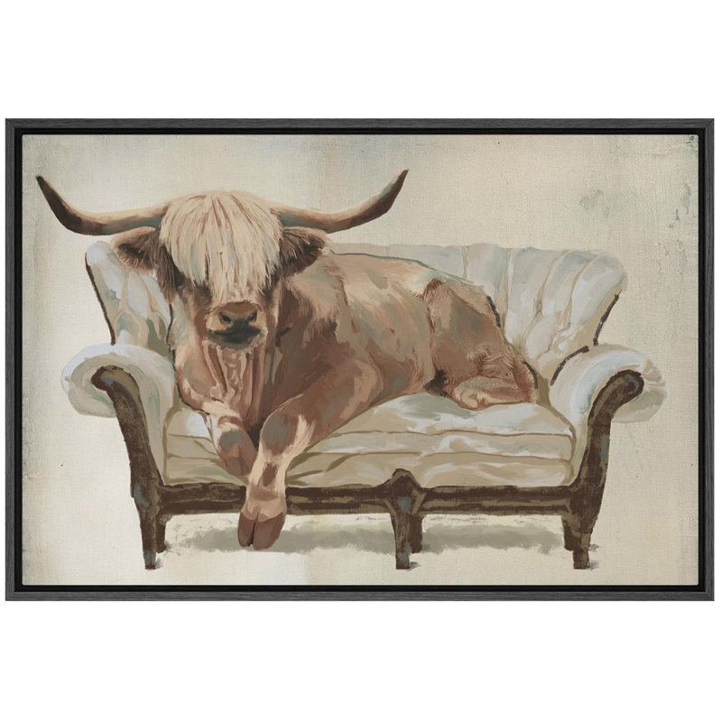 Animaux, vache des Highlands sur canapé - Cozy rustique, décor de ferme neutre sur toile, Noir, H 24 po x l 36 po x P 1,5 po