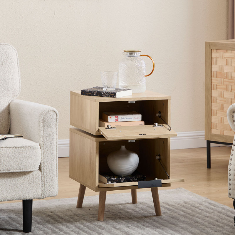15.75'' W Mid-Century Modern 2-Drawer Nightstand with Rattan Accent and Solid Wood Legs, Natural Finish