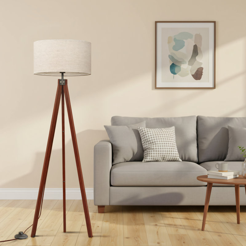 Brown Medieval-Style Wooden Tripod Floor Lamp With Modern Design + Linen Lampshade, E26 Lamp Base. Suitable For Living Room, Bedroom, Study, And Office. Dual-Purpose For Lighting And Decoration.
