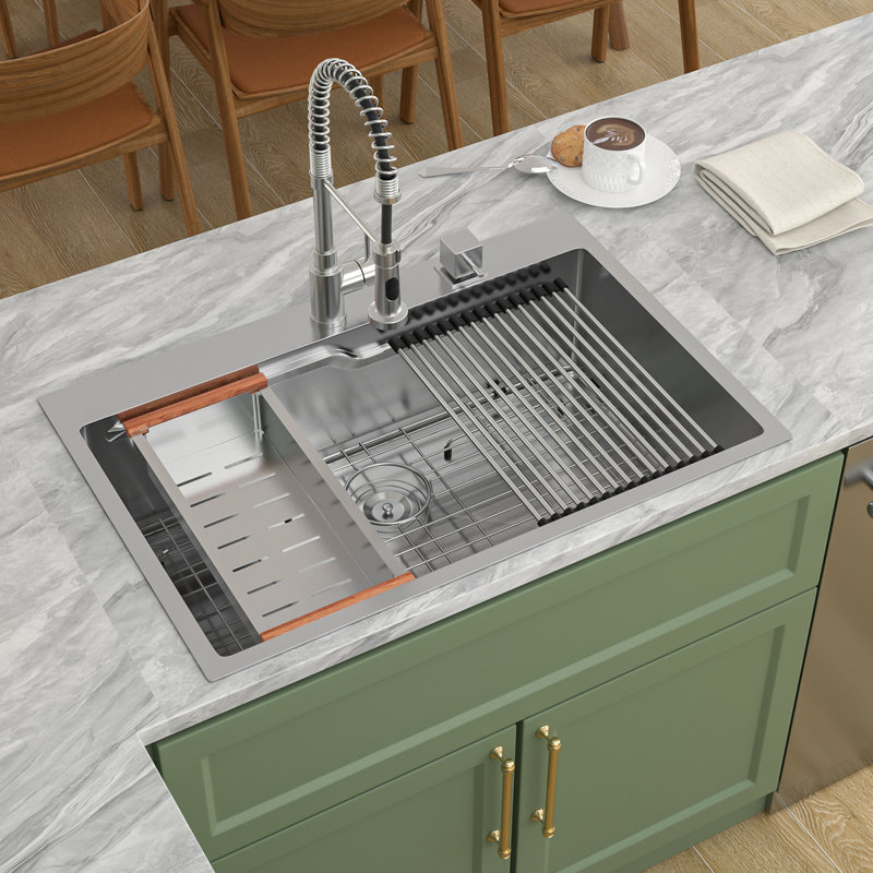 Évier de cuisine 33 po à cuve simple encastrable en acier inoxydable calibre 16