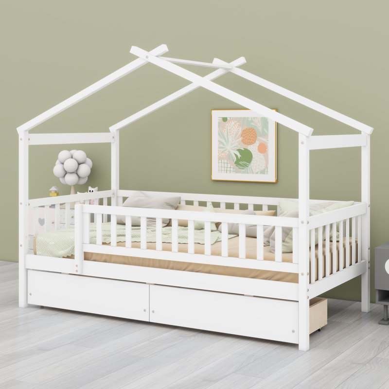 Lit en bois avec tiroirs, Blanc