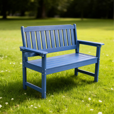 Banc d'extérieur minimaliste bleu marine avec revêtement anticorrosion - Matériau adapté aux jardins familiaux, résistant aux intempéries, design à lattes aérées, assise confortable