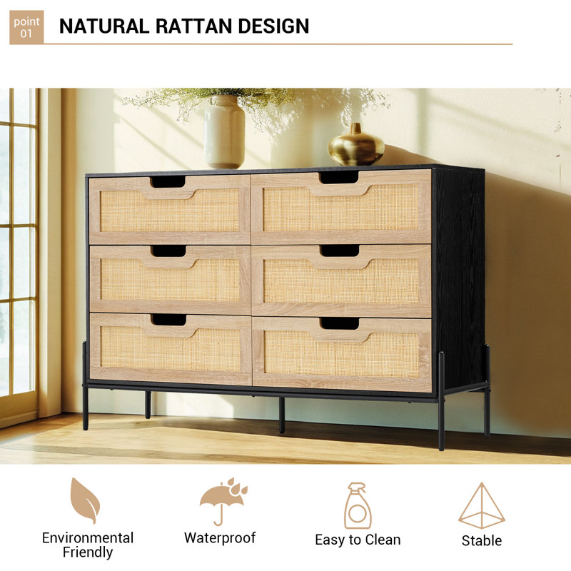 Rattan 6-Drawer Chest with Wicker Drawer Fronts, Tall Dresser for Bedroom, Sturdy Engineered Wood, Black+Oak