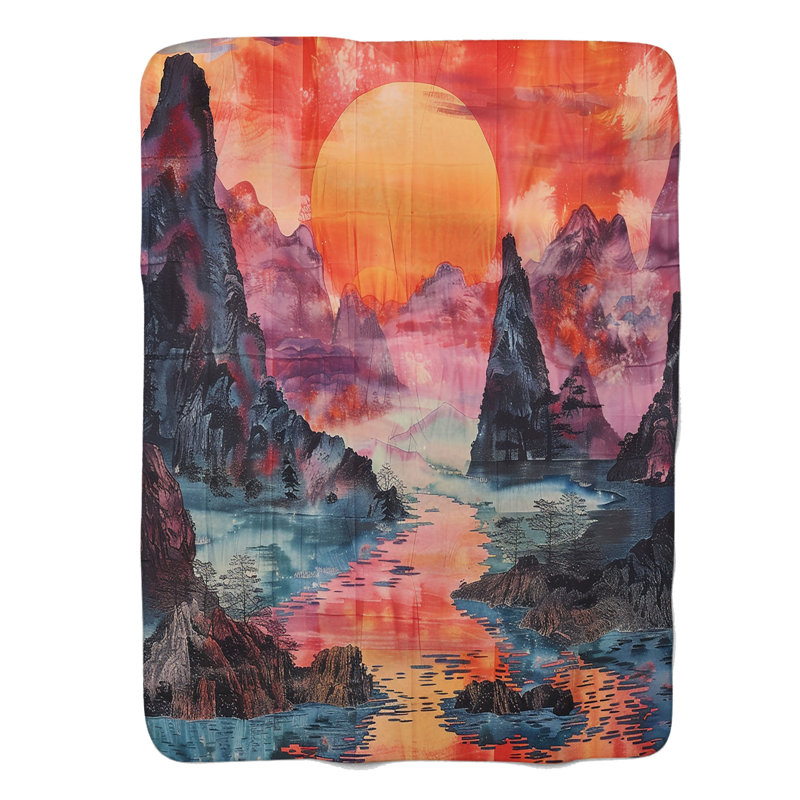 Imprimés de paysages chinois - couverture sherpa de qualité supérieure 1 pièce, Lit simple