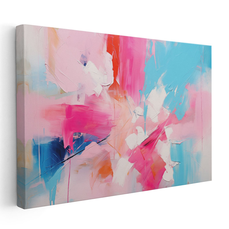 Grande peinture abstraite | Rose pastel, bleu, blanc abstrait, Cadre flottant brun, H 32 po x l 48 po x P 1,25 po