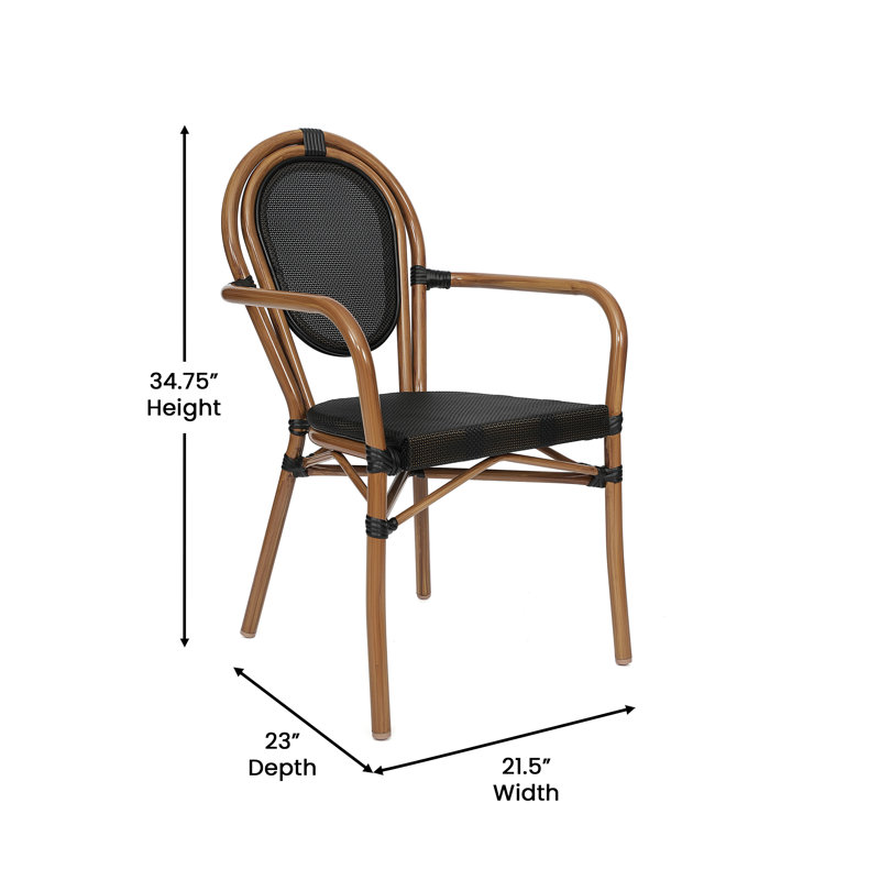 Chiles Stacking All-Weather Commercial Paris Chairs with Arms and Metal Frames, Black/Natural
