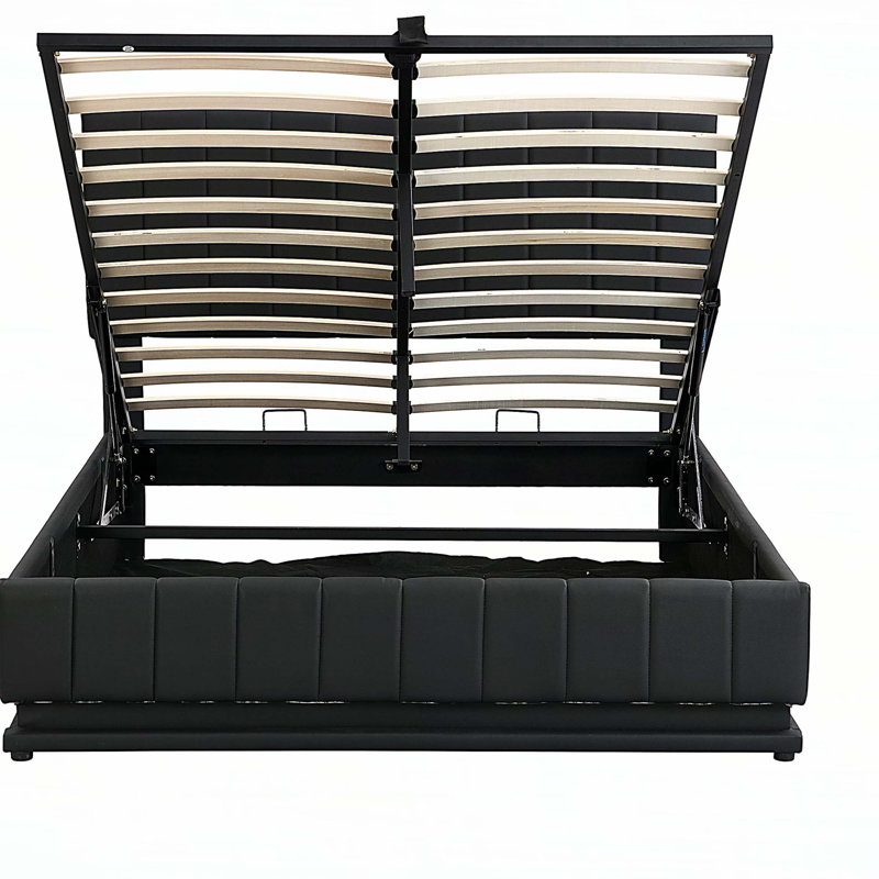 Lit tapissier double avec système de rangement hydraulique et lumière DEL, lit plateforme moderne avec prises et ports USB, noir