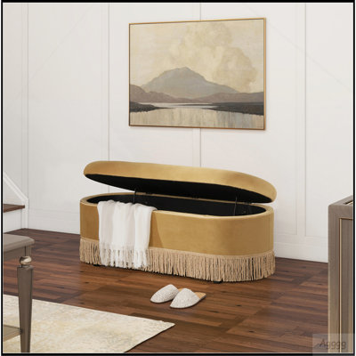 Melinda 48.5" Oval Tufted Bullion Fringe Storage Bench, Gold Velvet