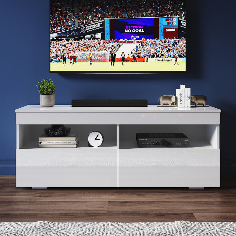 High Gloss White 120cm TV Stand RGB LED Lights Soft Close Doors Easy Build Media Console for 50" TV, White