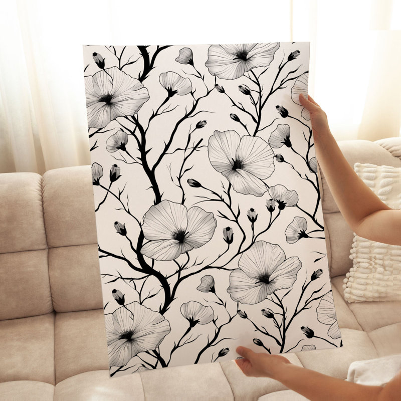 Impression florale noire et blanche à motif floral de rêve moderne, H 16 po x l 12 po