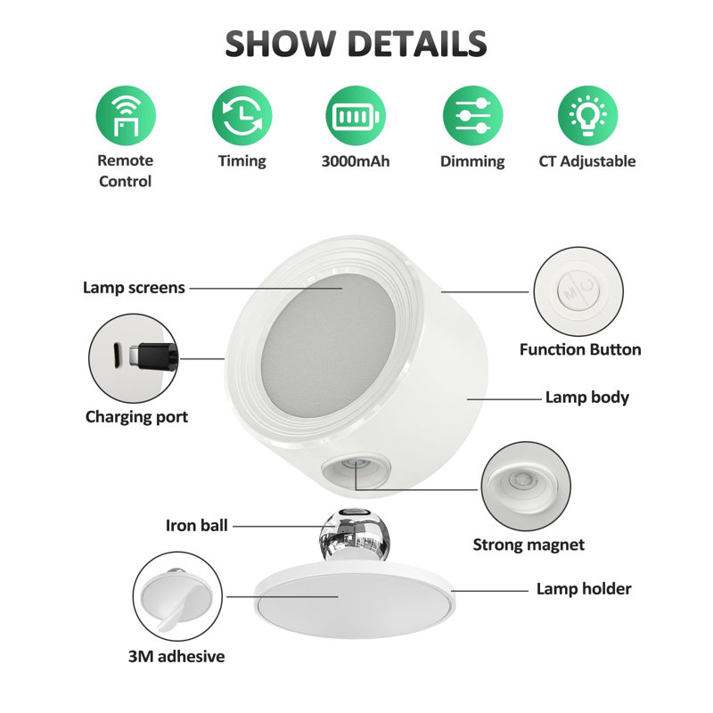 LED Wall Light Rechargeable Battery Operated With Remote, Magnetic Rotation,2 Pcs, White