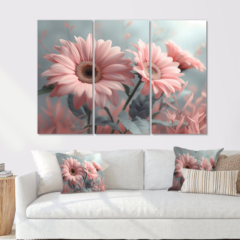 «Pink Grey Botanical Beauty Daisies II - Daisies», ensemble d'art mural, Toile tendue, H 40 po x l 60 po x P 1 po