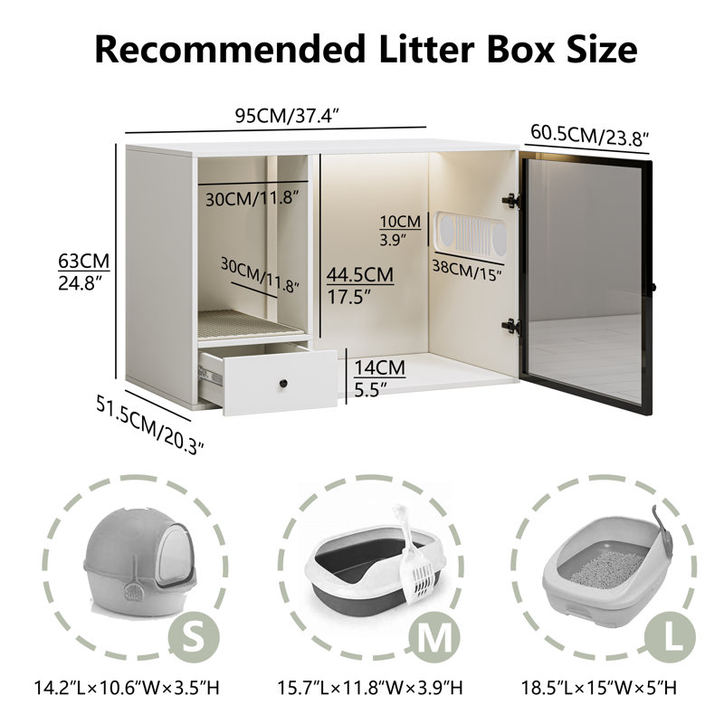 Enceinte de litière pour chat blanche 37 po, meuble de litière d'intérieur caché avec porte en verre et table de bout moderne en bois pour salle de bain