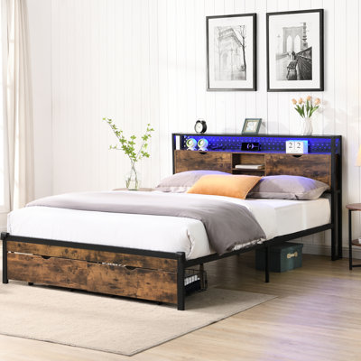 Metal Platform Bed Frame With Wooden Headboard, 2 Drawers, Charging, Led Lights, No Box Spring, Easy Assembly Instructions, 600 Lbs Weight Bearing Capacity Bed, Effortless Installation, Limit