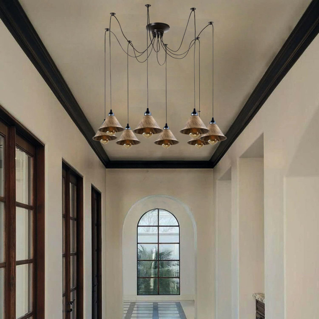 8 Heads Spider Pendant Light Industrial Metal Cone Shades with E27 Lamp Holder Adjustable DIY Vintage Hanging Ceiling Spider Pendant Lamp for Living R