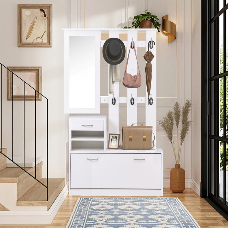 Hall Tree 35.4'' Wide with Shoe Storage and Mirror, White