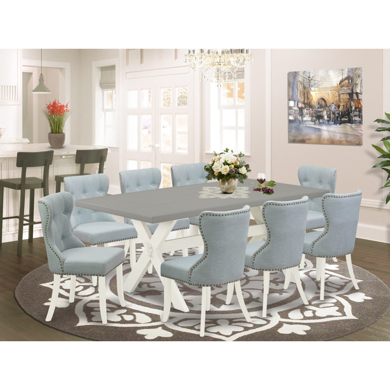 9 Piece Kitchen Table & Chairs Set Includes a Rectangle Dining Room Table with X-Legs and 8 Baby Blue Linen Fabric Parsons Chairs, linen white