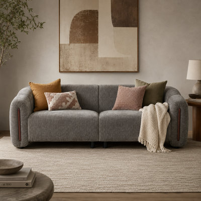 Canapé Gatton 87,4" moderne incurvé, canapé 3 places en tissu bouclé, canapé bas et profond avec accoudoirs en bois ajourés dissimulés, canapé minimaliste à larges accoudoirs pour salon