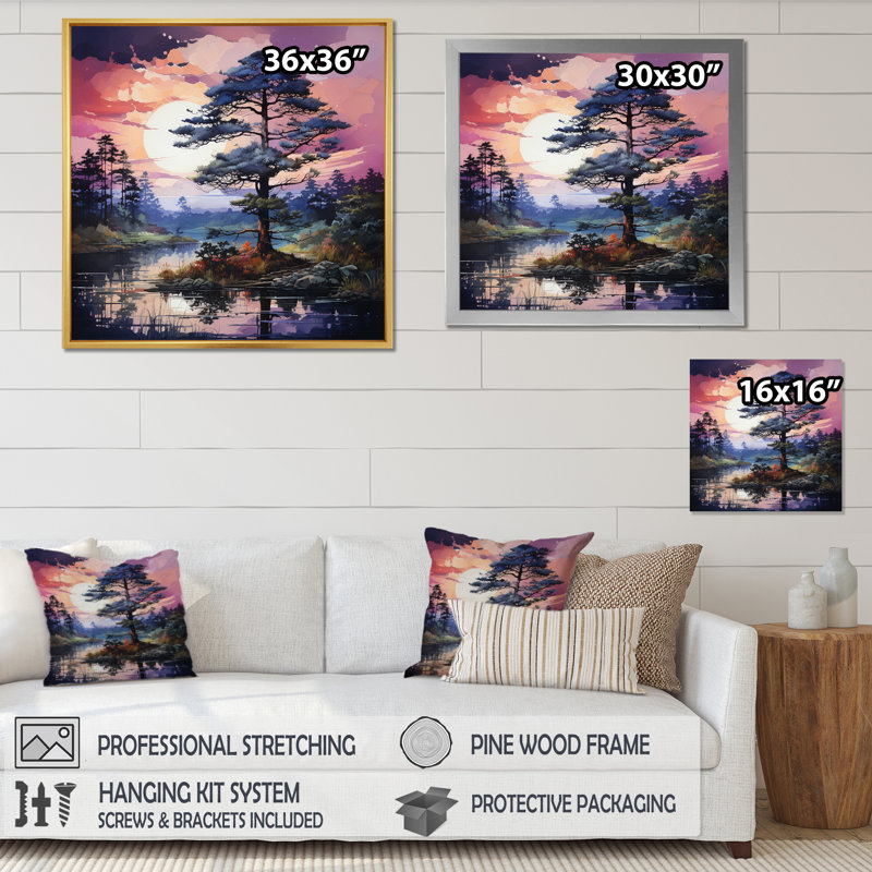" Pine Tree Majestic Twilight ", 16" H x 16" W x 1" D, Natural Floater Framed