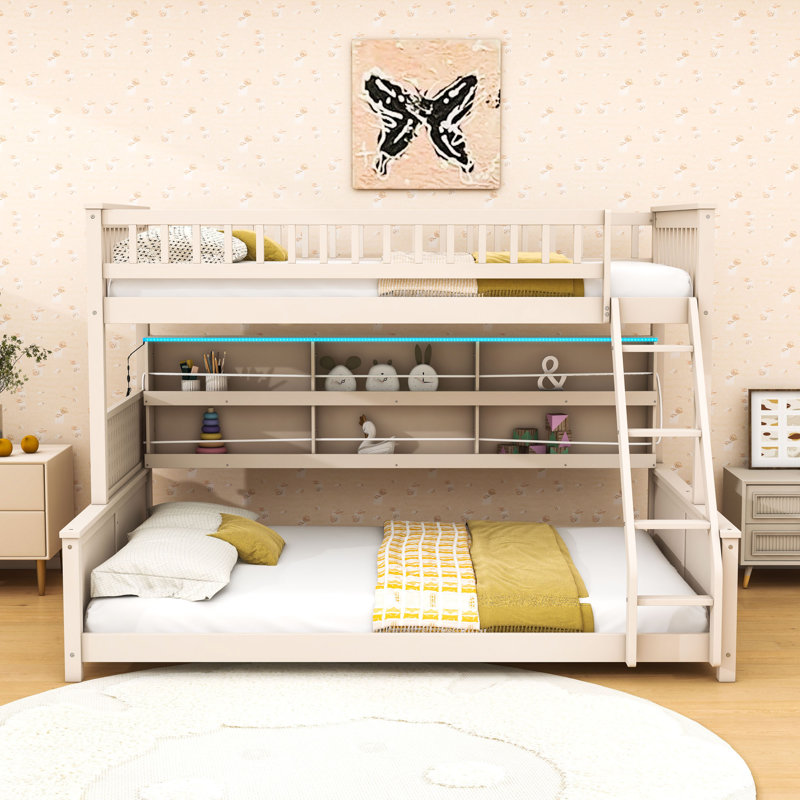 Lit superposé avec lumières, panneau perforé et tablette de rangement, Lit simple très long sur grand lit, Beige