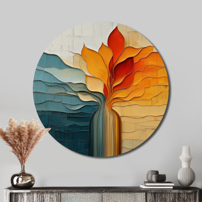 Automne transitionnel fleur abstraite II - art mural rond floral abstrait en métal