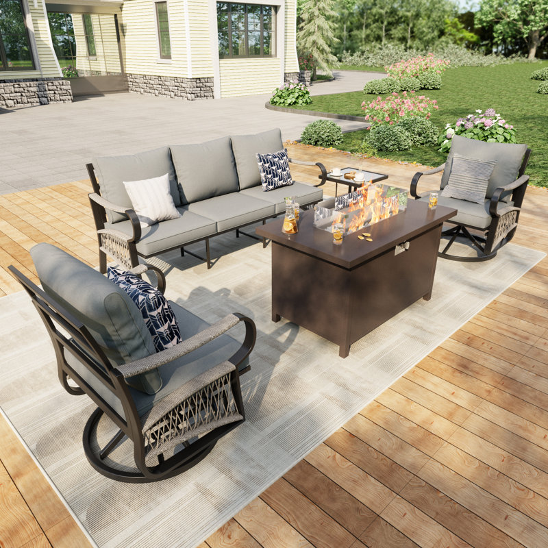 5-Piece Outdoor Metal Patio Conversation Furniture Set With Rocking & Swivel Chairs And Rectangular Fire Pit Table With Windshield, Gray Cushions