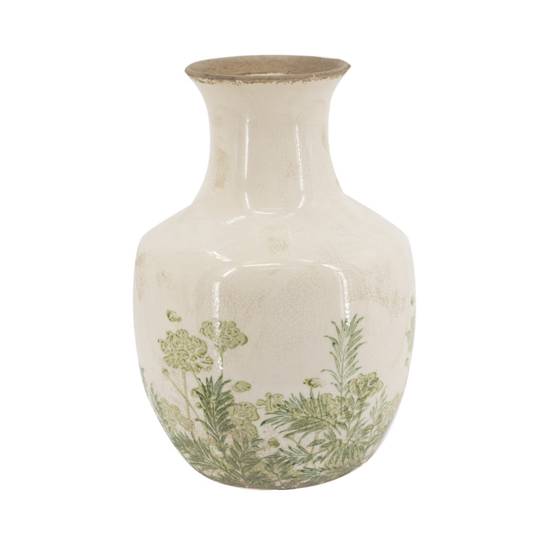 White Ceramic Vase With Green Floral Motif