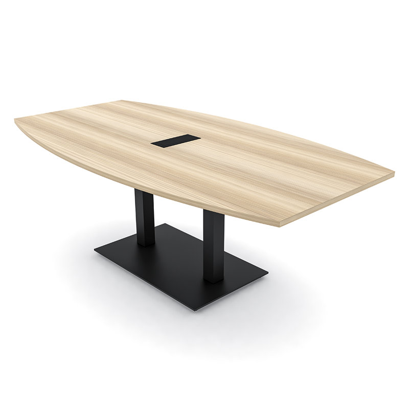Table de conférence en forme de bateau avec base en métal double | Unité électrique, Noir mat, Blond blond cendré