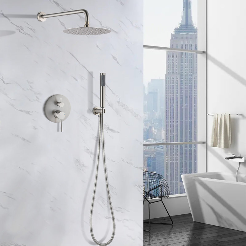 Wall Mounted Round Shower Combo Set With 10" Rain Shower Head And Handheld Shower Head Set With Pressure Balancing Valve
