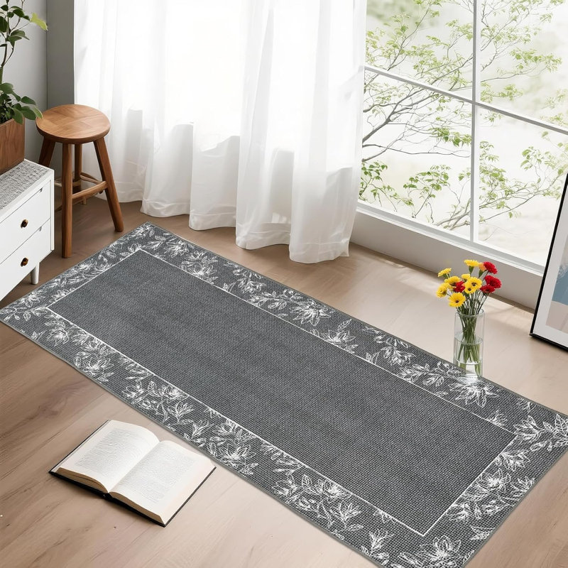 2x6 Washable Modern Bordered Hallway Rug, Non-Slip Low Pile Abstract Floral Runner for Kitchen, Laundry, Entryway, Linen