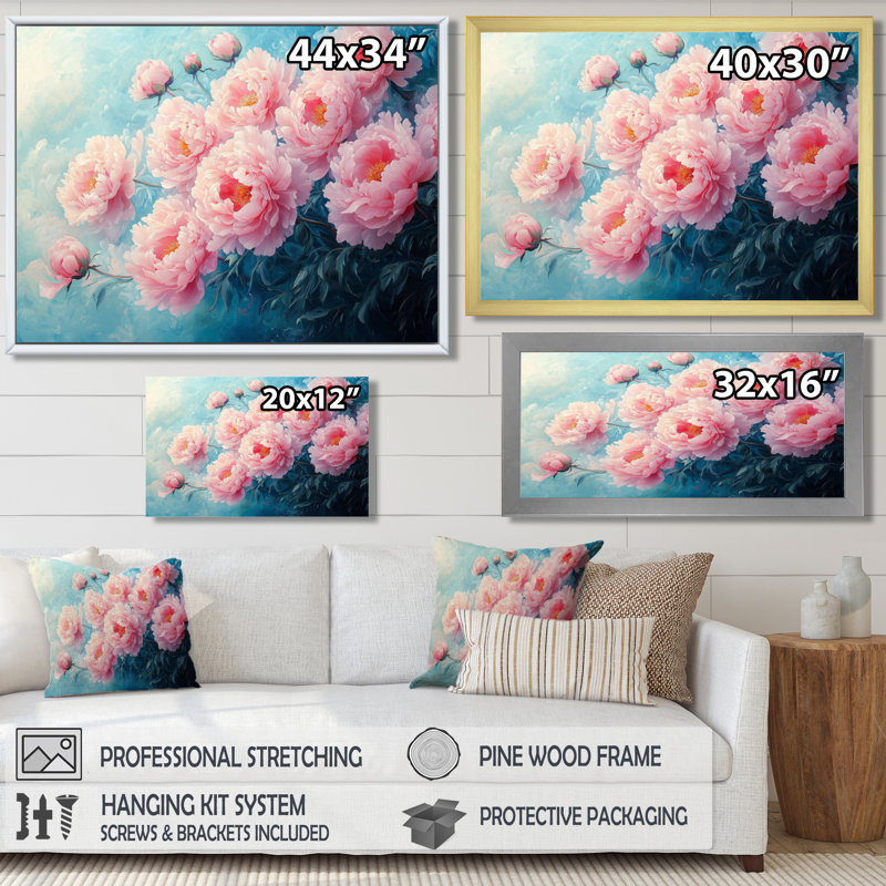 Rose, rêve de pivoines I - pivoines, art mural, H 12 po x l 20 po, Cadre flottant noir