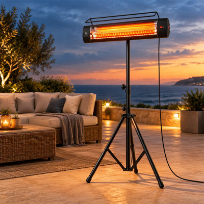 Standing Electric Patio Heater,1500W IP65 Outdoor Infrared Carbon Fiber Heater with Tripod Stand,3 Heat Levels & 24H Timer for Garden Backyard