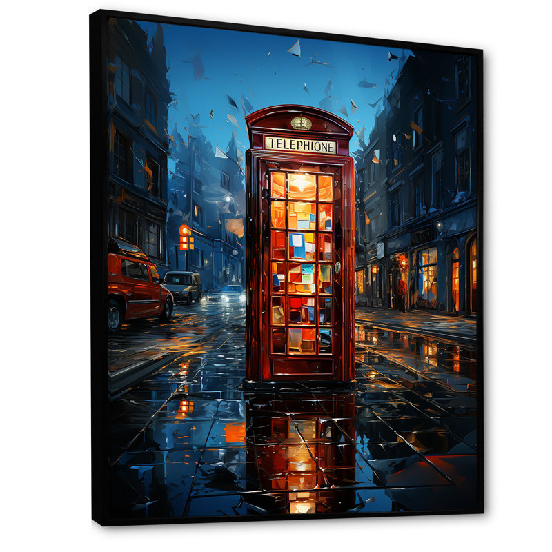 Leontre, cabine téléphonique rouge, Urban Reflections I sur toile, Cadre flottant noir, H 32 po x l 16 po x P 1 po