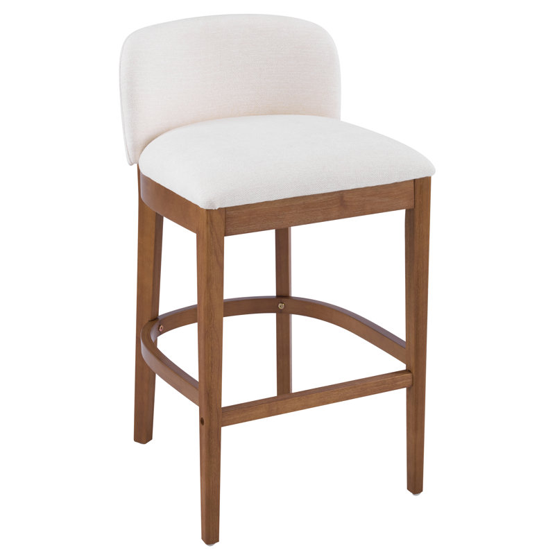 Tabouret de bar Mid-Century rembourré en bois d'hévéa avec dossier bas incurvé de 29 po Fleeton, Tissu beige, 4