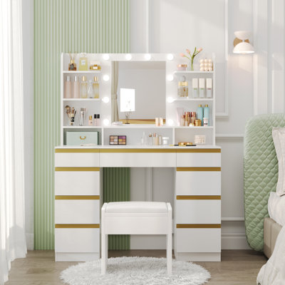 Dressing Table with Bulb/LED Light, Vanity Desk with 1 Large Drawer and 8 Small Drawer Cabinets, Adjustable Brightness, Large HD Mirror, 9 Open Storage Areas