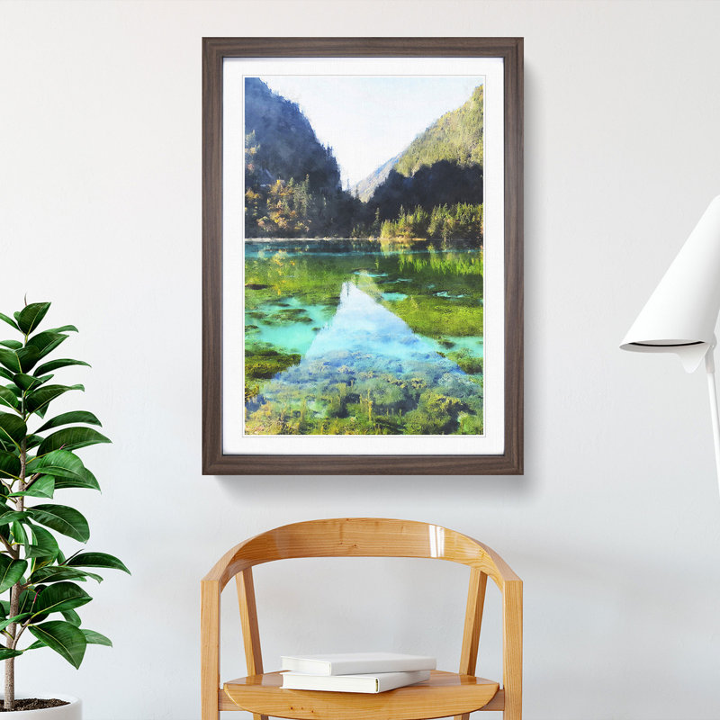 Lake and Mountain View - Picture Frame Graphic Art, Walnut Framed, 36cm H x 27cm W x 2cm D