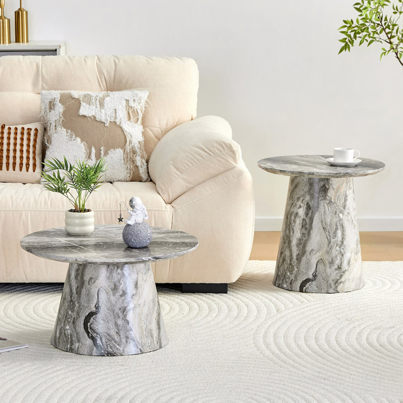 Table basse emboîtable, table basse de style médiéval-moderne, avec placage gris, ensemble de table basse ronde classique et de table d'appoint, salon simple, table de centre de bureau